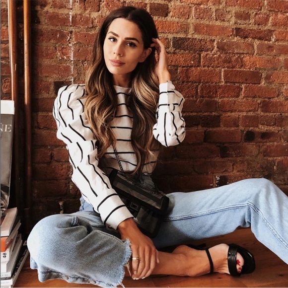 Zara Puff Sleeve Striped Blouse XS Black White Asymmetric Back Modern Chic - Picture 3 of 16